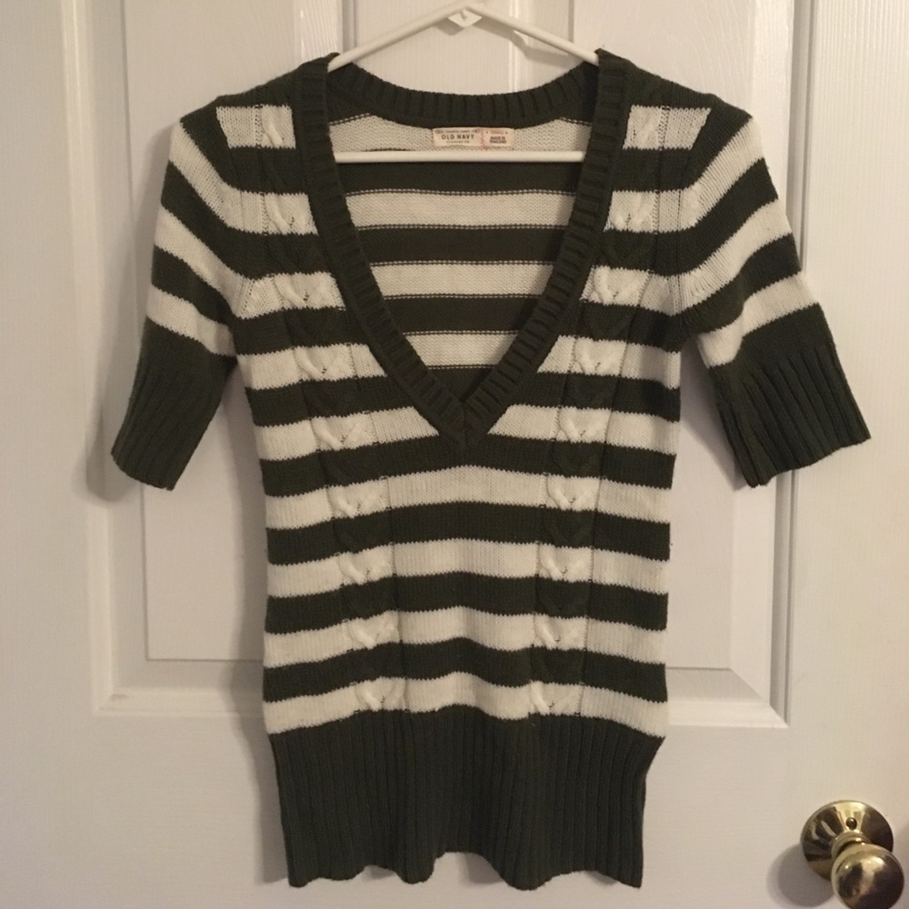 Green and white striped scoop neck sweater