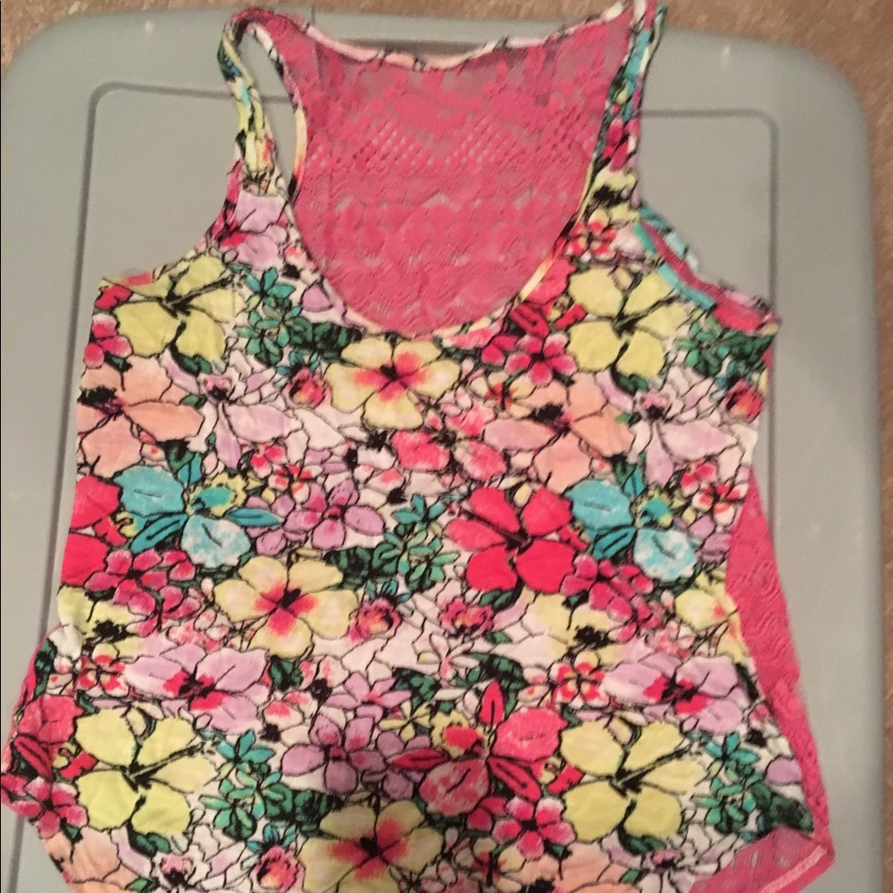 Bright floral tank top with lace back