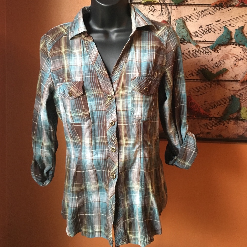 Plaid teal and brown button up shirt