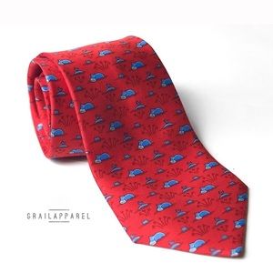 Hermes Red & Blue Hippo Print Silk Tie