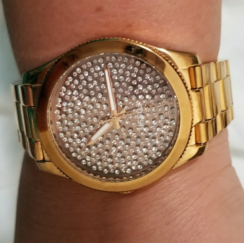 Gold crystal face fossil watch
