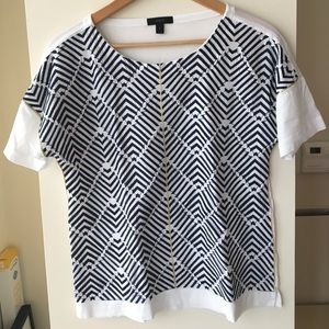 J.Crew  white Tee w. Navy & gold embroidery, sz S