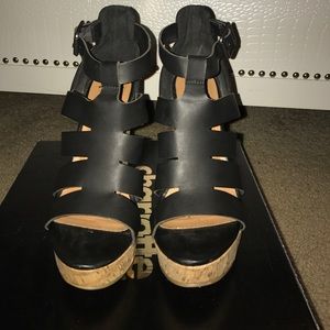 Black strappy cork wedge