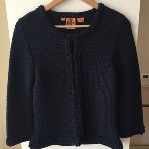 Tory Burch Navy Blue Cotton Bouclé Cropped Sweater