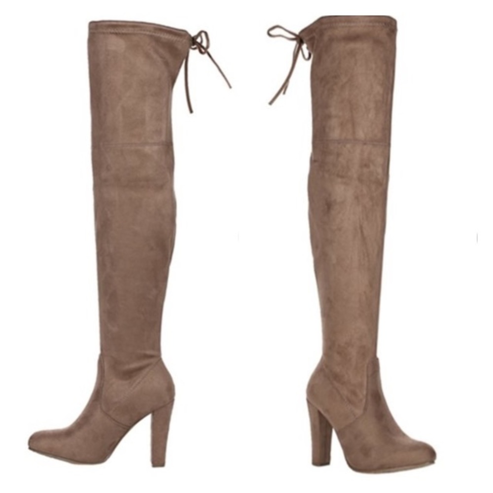 Taupe Slip on over knee thigh high boot drawstring - Picture 2 of 3