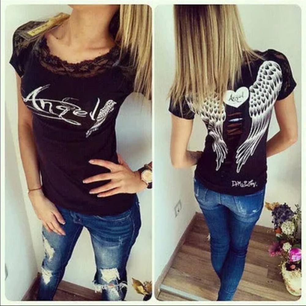 Angel Wings & Lace Sexy Black T + Free Gift 🎁