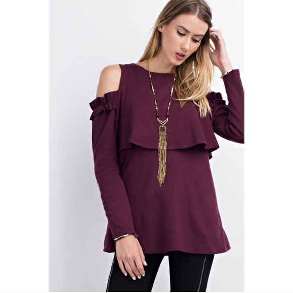 Last 1! 🌟Plum Ruffle Cold Shoulder Top - Picture 3 of 3