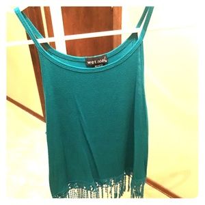 Teal fringe crop top