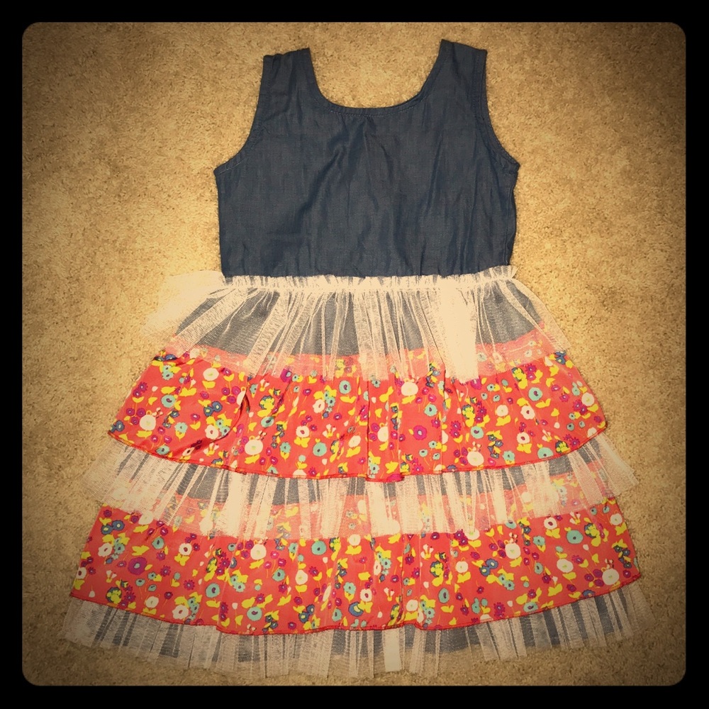 Girls Dress with Floral / Tulle Tiered Ruffles