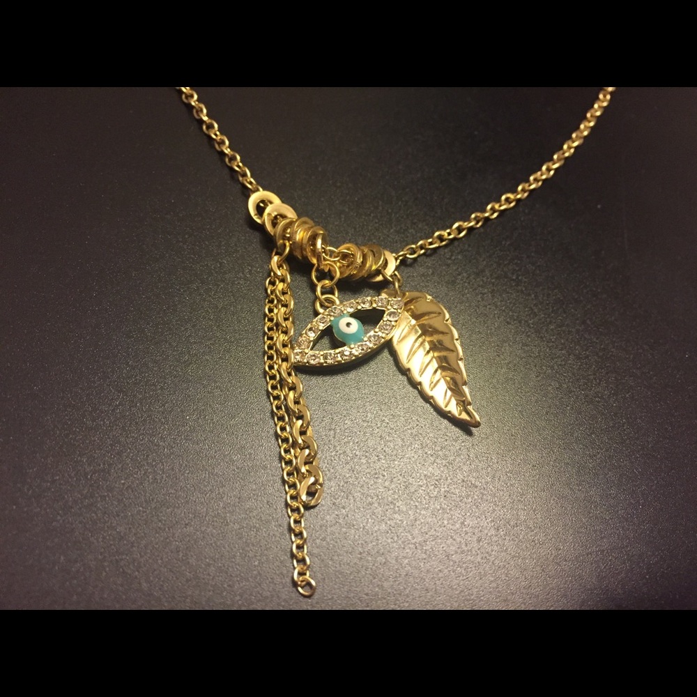 NEW Evil Eye Blue Gold Tone Pearl Chain Necklace