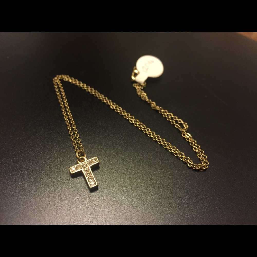 NEW Rhinestone Gold Tone "T" Necklace