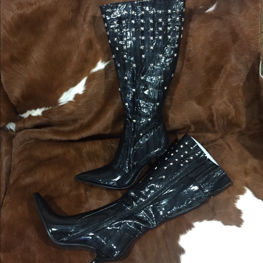 Faux leather studded black heeled boots