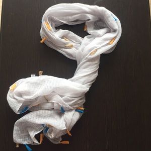 White Scarf with Blue & Yellow Fringe