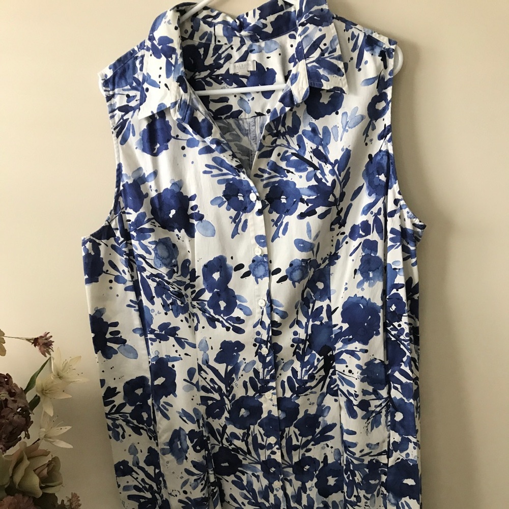 Blue and white front button shirt dress.