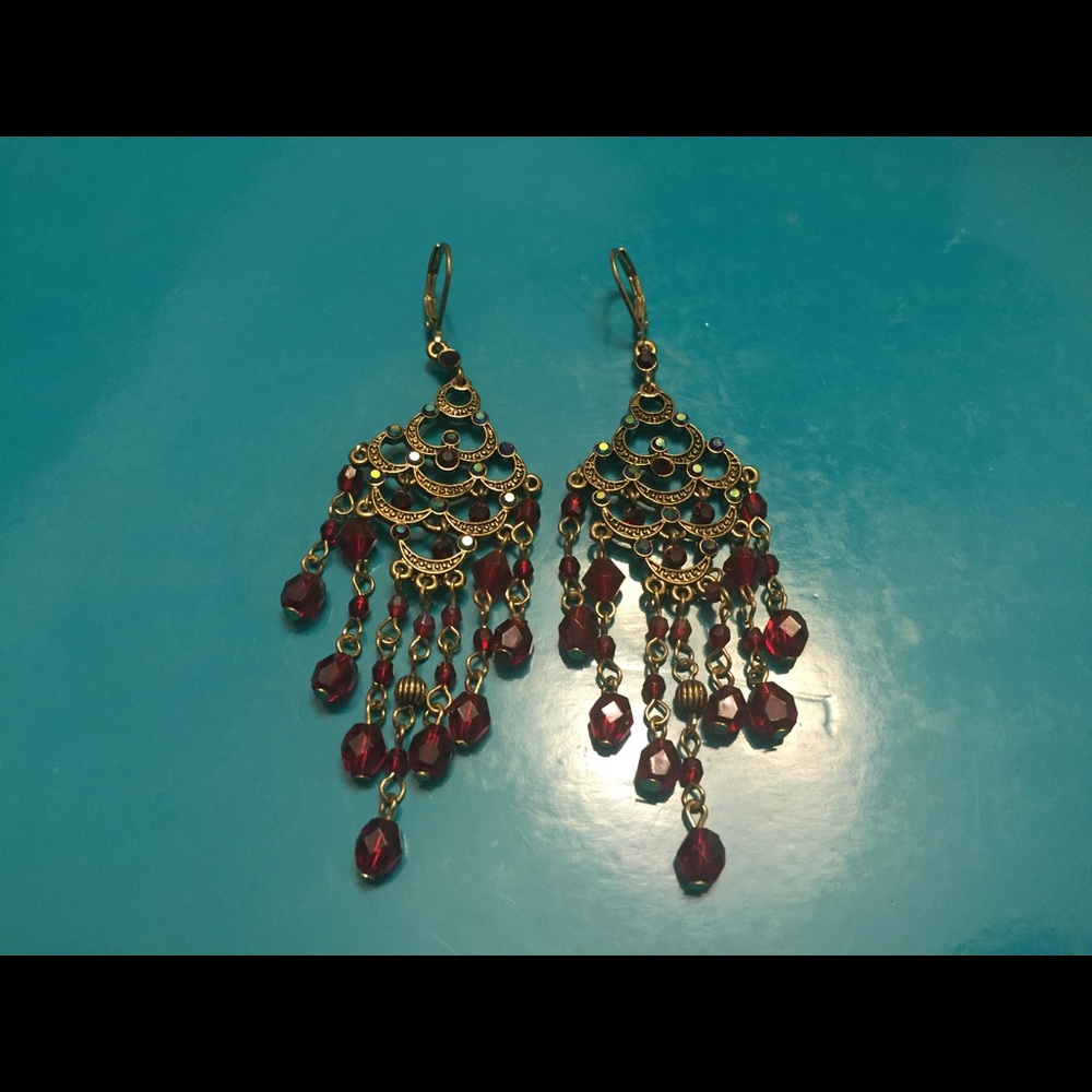 NEW Red Gold Tone Beaded Chandelier Earrings