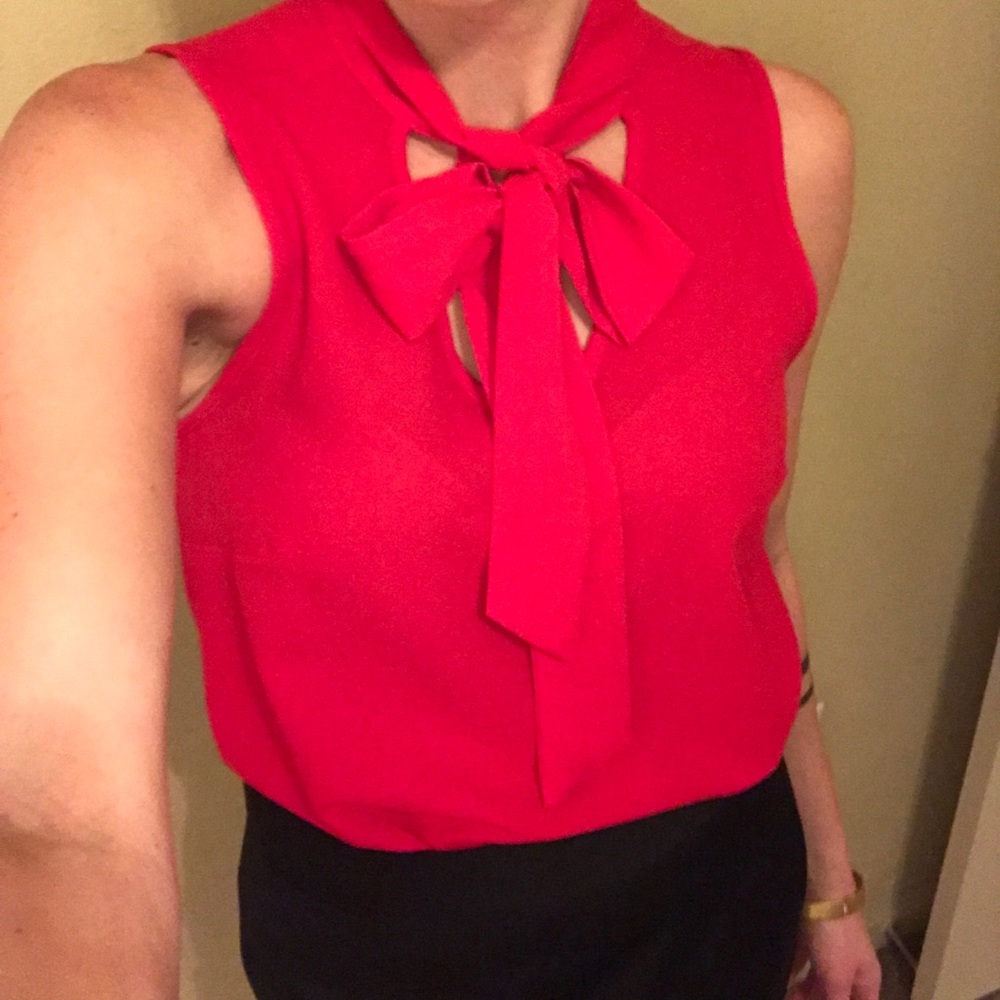 Red Tie-Neck Sleeveless Blouse