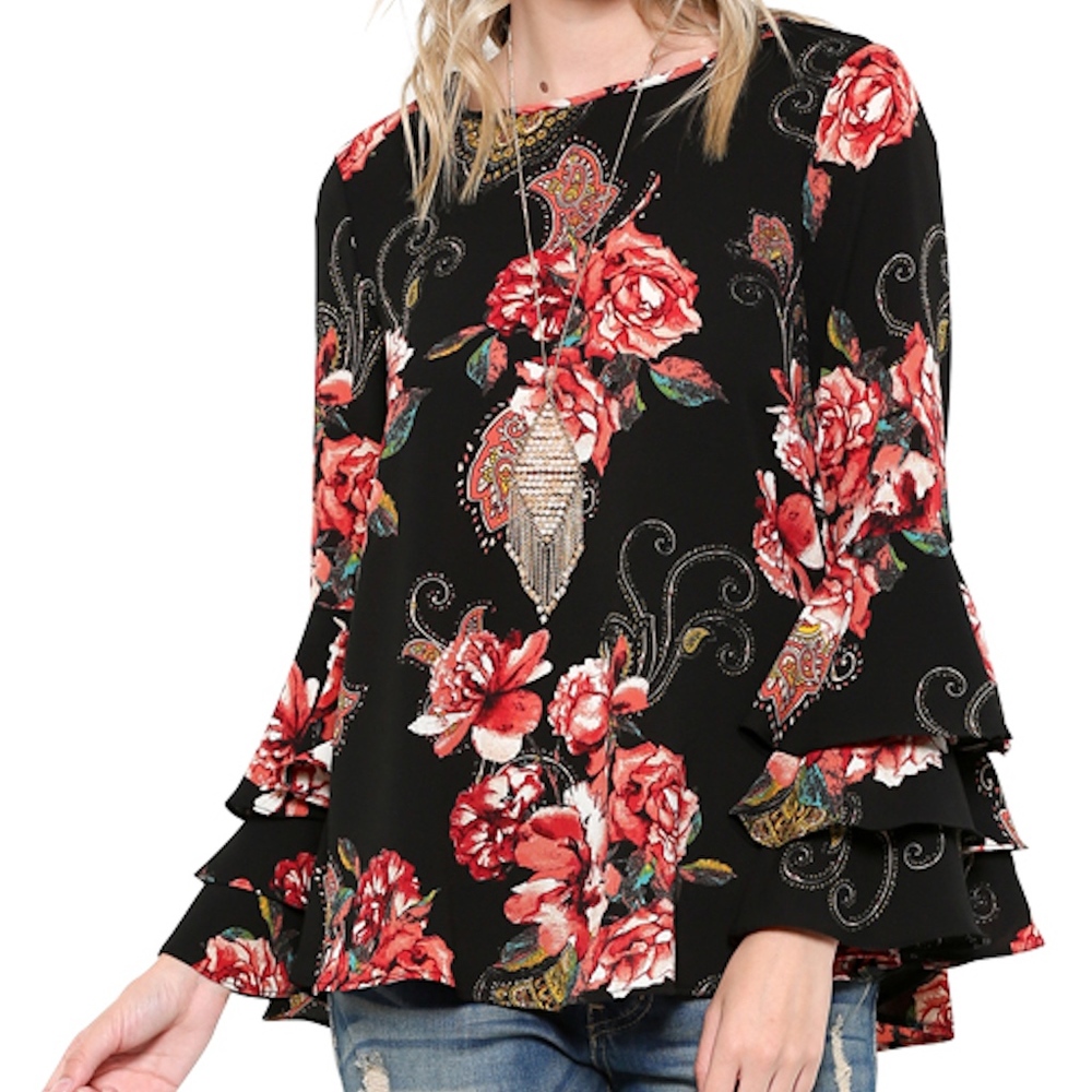 Black Long Ruffle Sleeve Top - Picture 2 of 3
