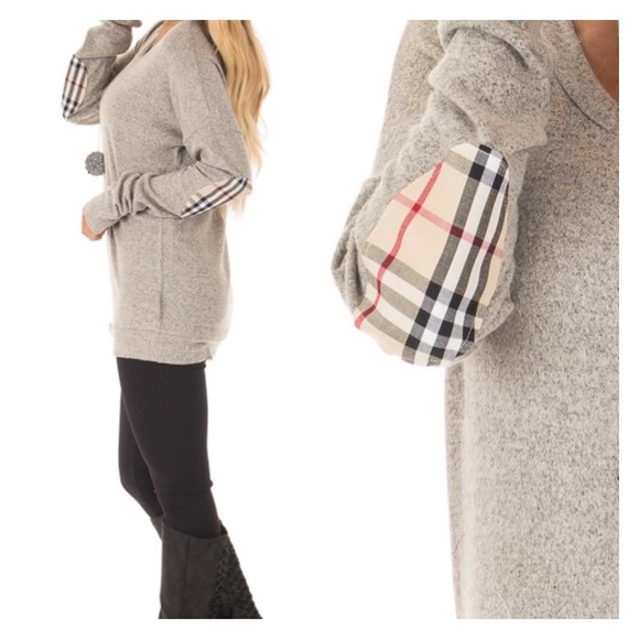 LAST ONE! Grey Long Sleeve Top Plaid Elbow Patches - Picture 2 of 4