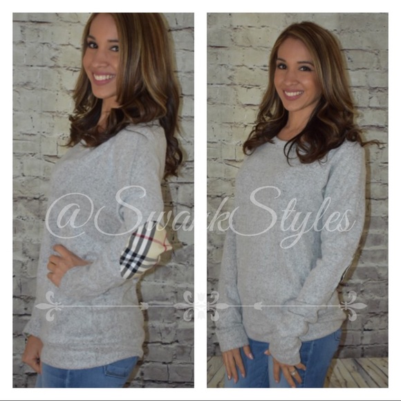 LAST ONE! Grey Long Sleeve Top Plaid Elbow Patches - Picture 3 of 4