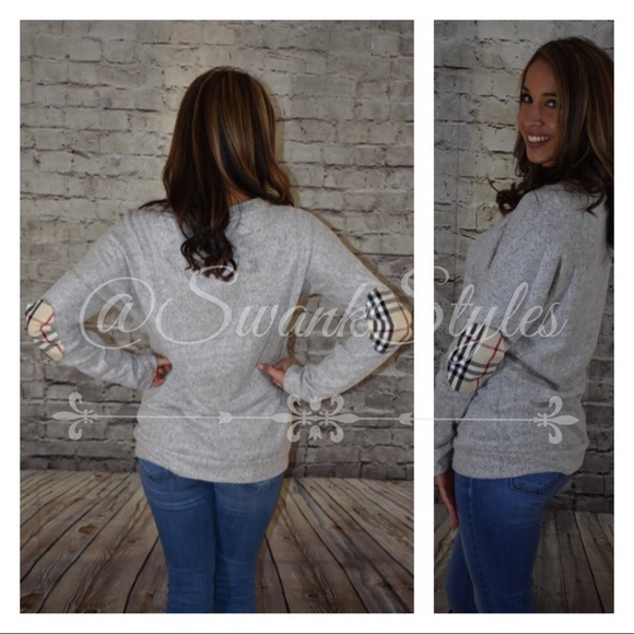 LAST ONE! Grey Long Sleeve Top Plaid Elbow Patches - Picture 4 of 4