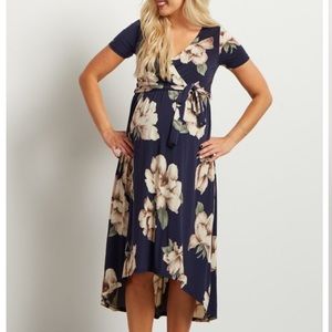 Pink Blush Navy Floral Wrap Maternity Dress