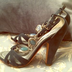 Turquoise suede heeled sandals