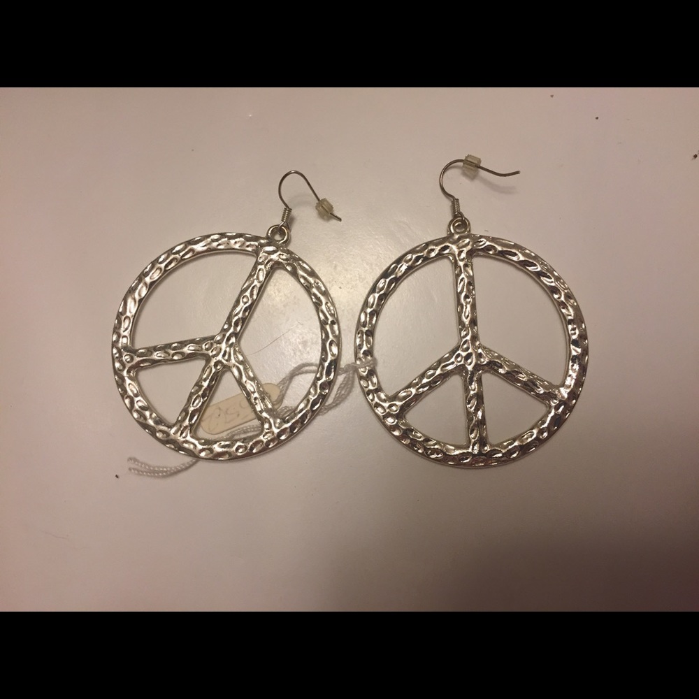 NEW Silver Tone Hammered Metal Peace Sign Earrings