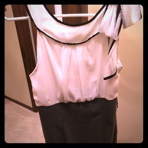 White sheer flow top with gray pencil skirt dress