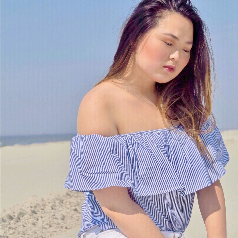 NAUTICAL OFF-THE-SHOULDER STRIPPED BODYSUIT