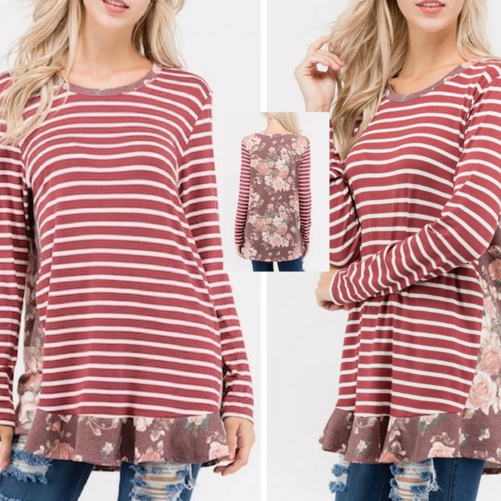 Burgundy Stripe -Floral Print Jersey Top