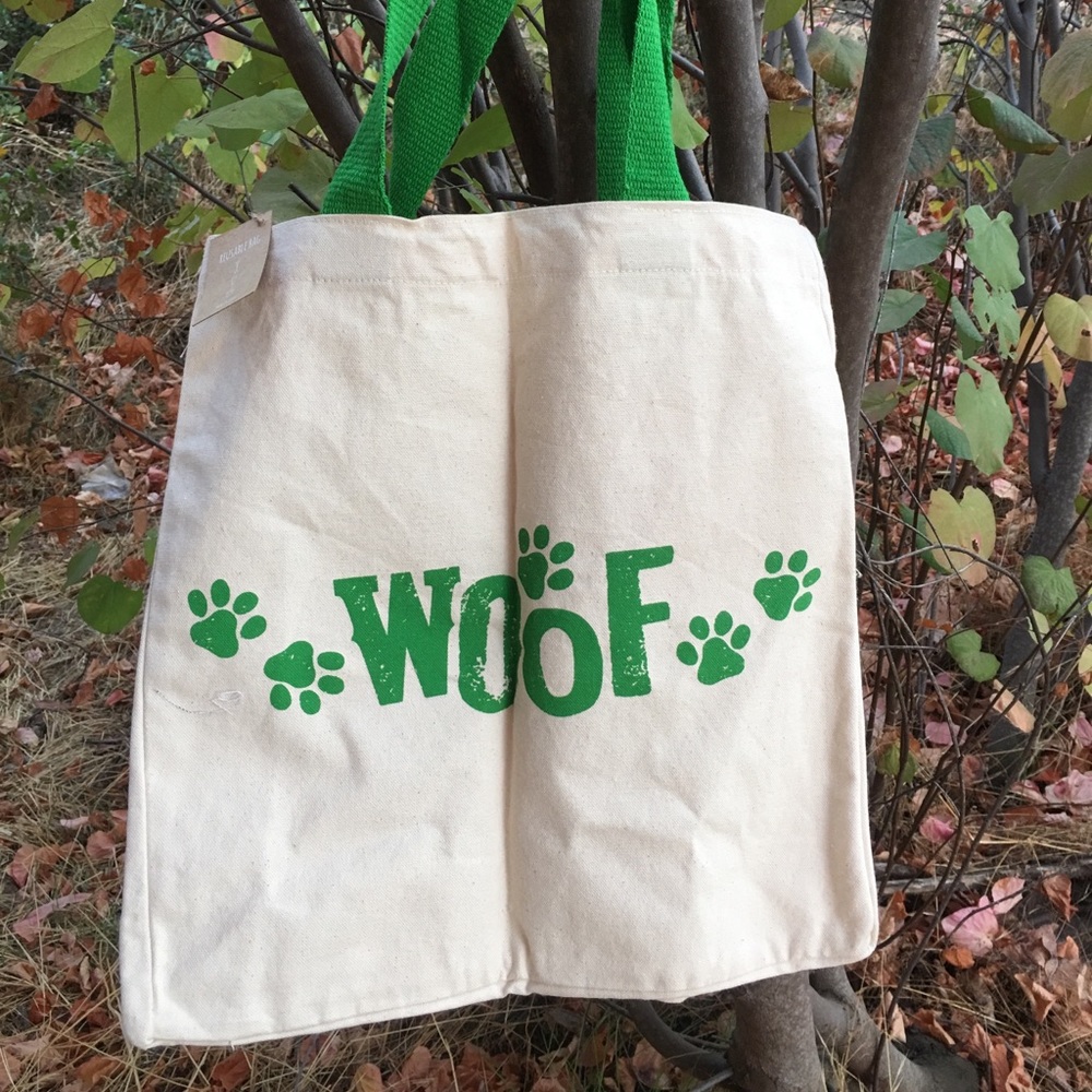 Woof 🐾 sturdy canvas tote with paw prints