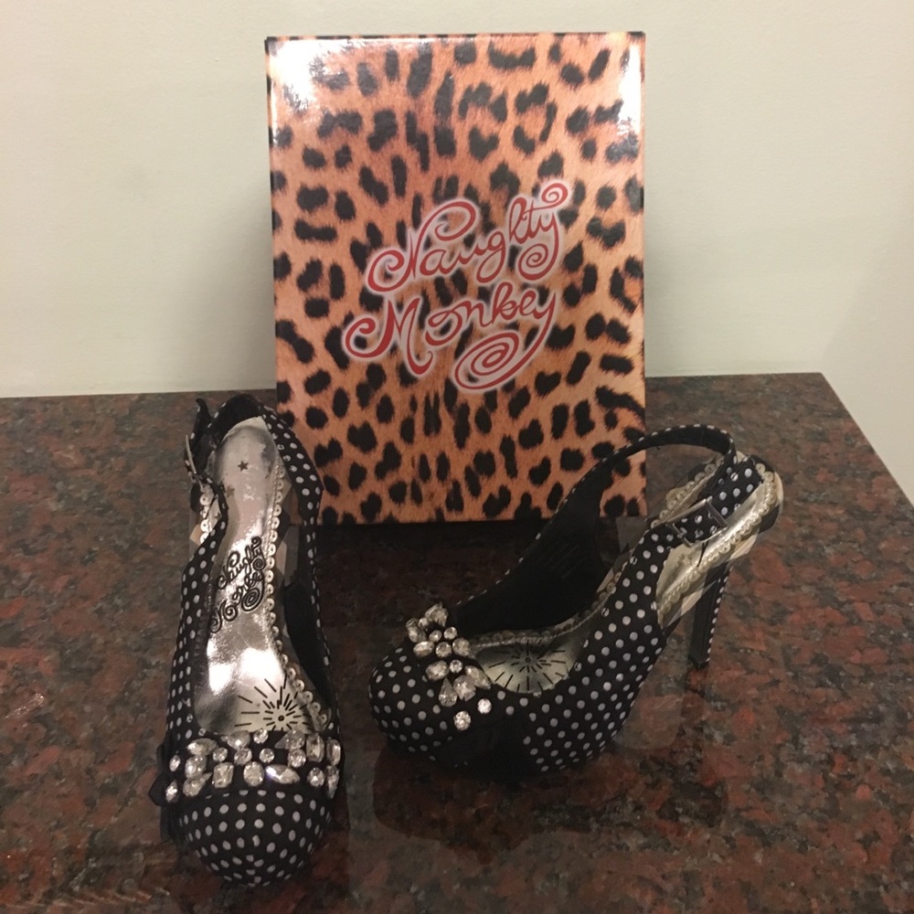 Naughty monkey black and white polkadot heels