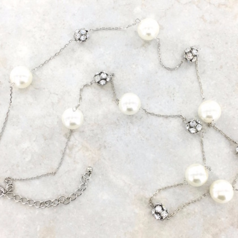 Crystal Fireball & Pearl Station Necklace