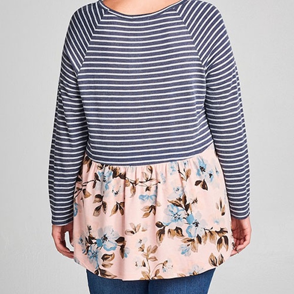 Plus Size- Blush/Indigo Stripe Floral Print Top - Picture 2 of 2