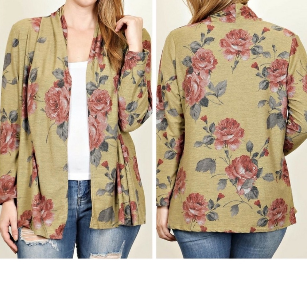 Plus Size Olive -Floral Print Cardigan