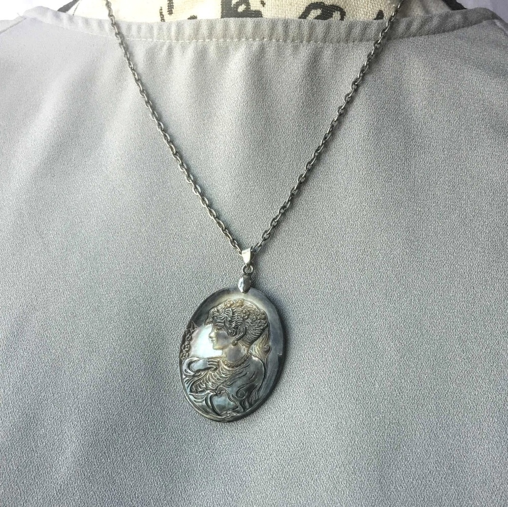 Hand Carved Abalone Shell Cameo pendent necklace