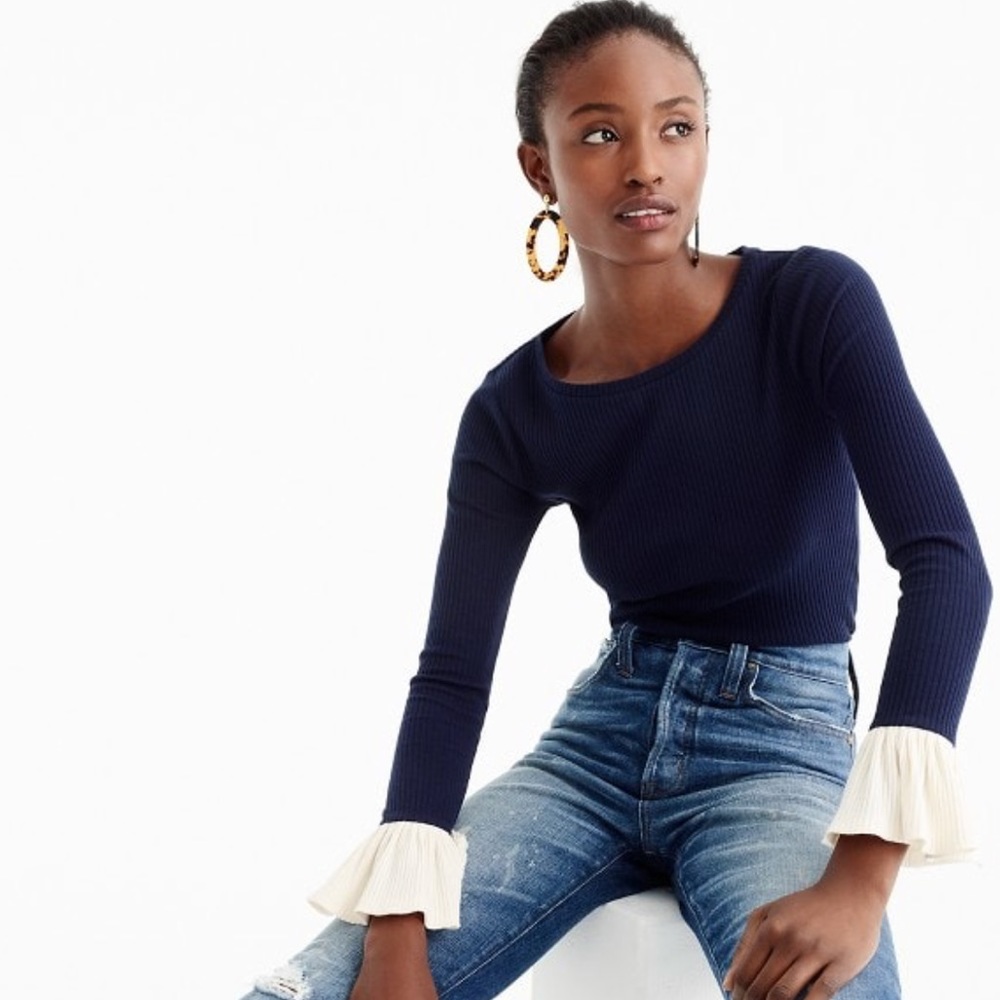 J.Crew Ribbed Bell-Sleeve Top (BEIGE)