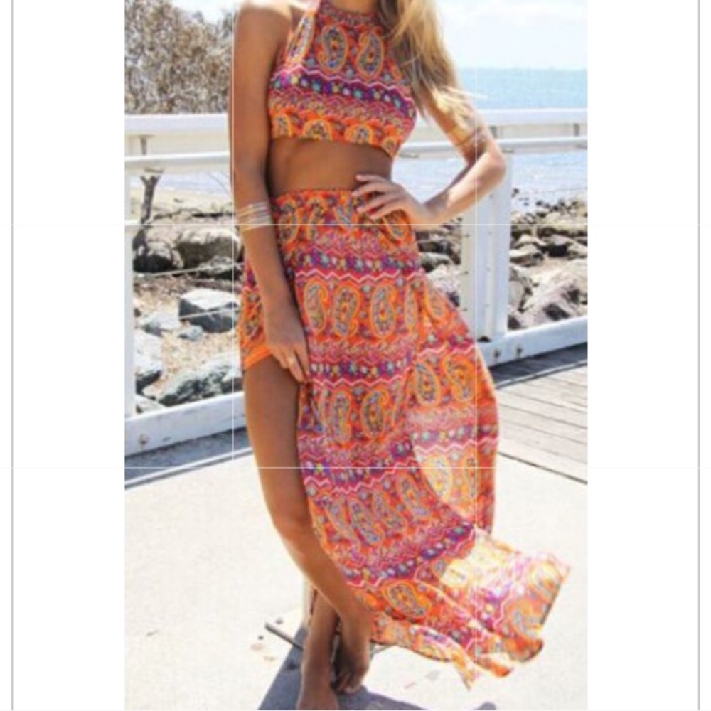 boho halter crop and matching maxi skirt