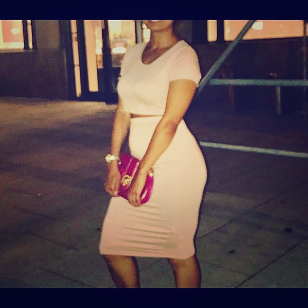 Nude crop top and midi skirt set