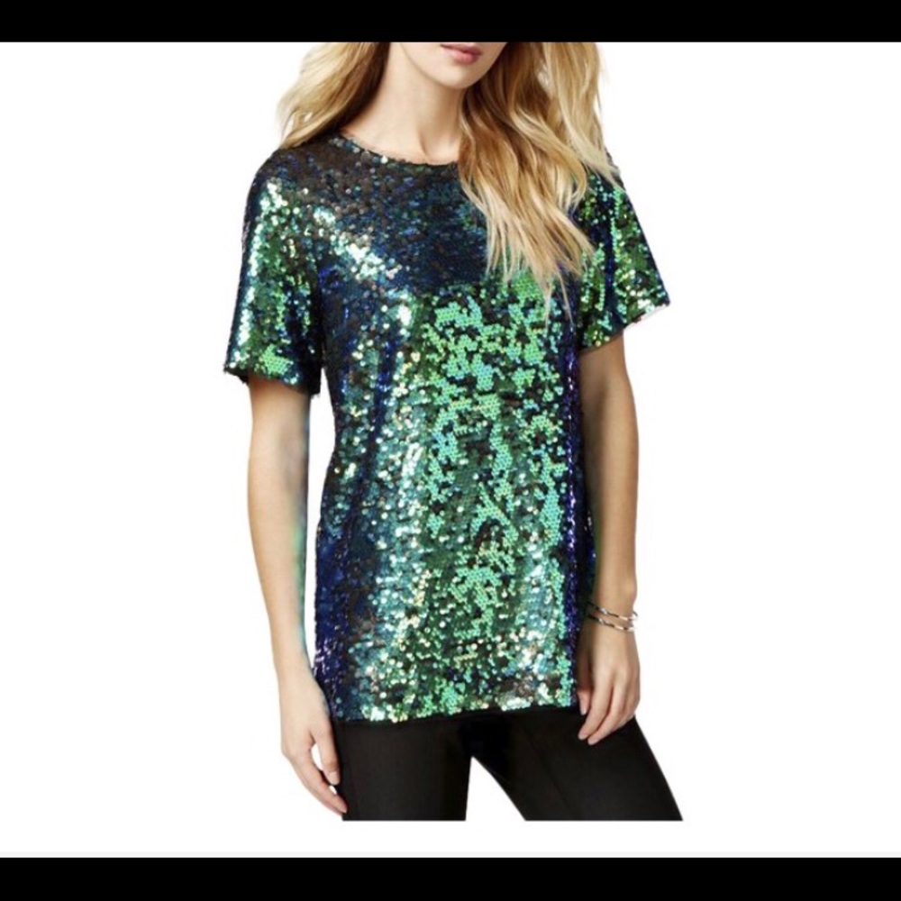 Bar III Sequin Short Sleeve Blouse Size XS