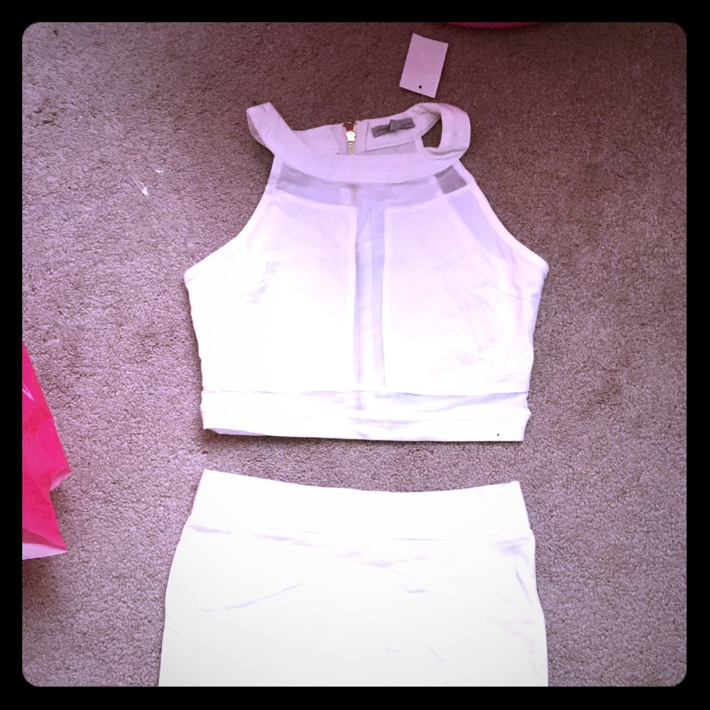 Crop top - white - halter with mesh middle