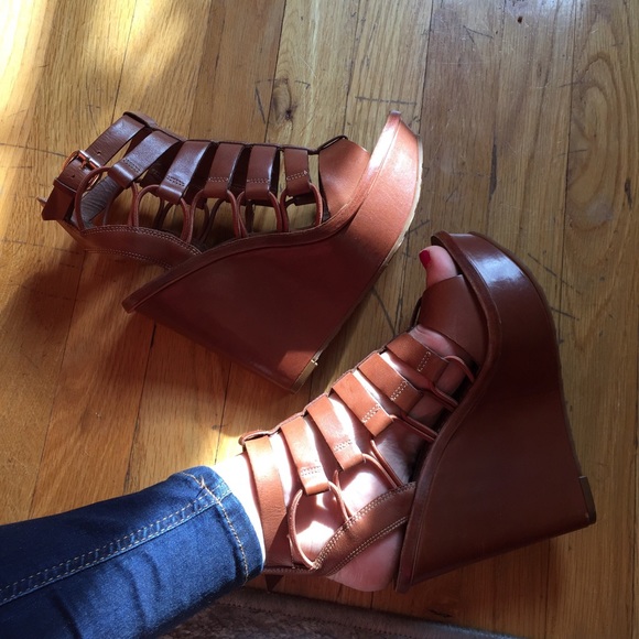 Diane Von Furstenberg Shoes - DVF Tan Leather Strappy Wedged Platform Heels