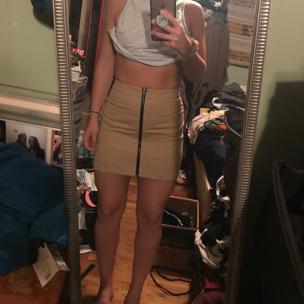 High waisted tan zip front denim skirt