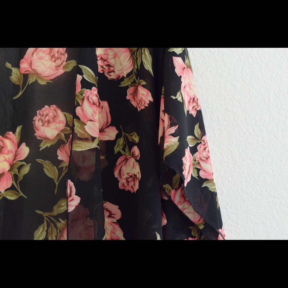 Pink Floral Black Kimono