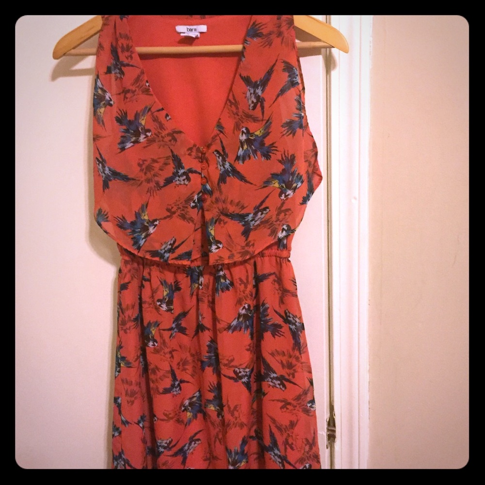 Red mid length sleeveless dress w/ blue bird print