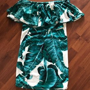 Palm print off the shoulder dress