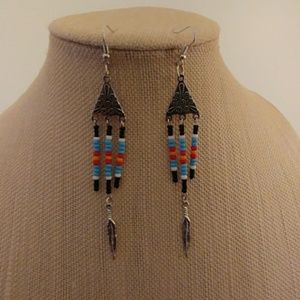 Indian Feather & Beaded Dangle Earrings