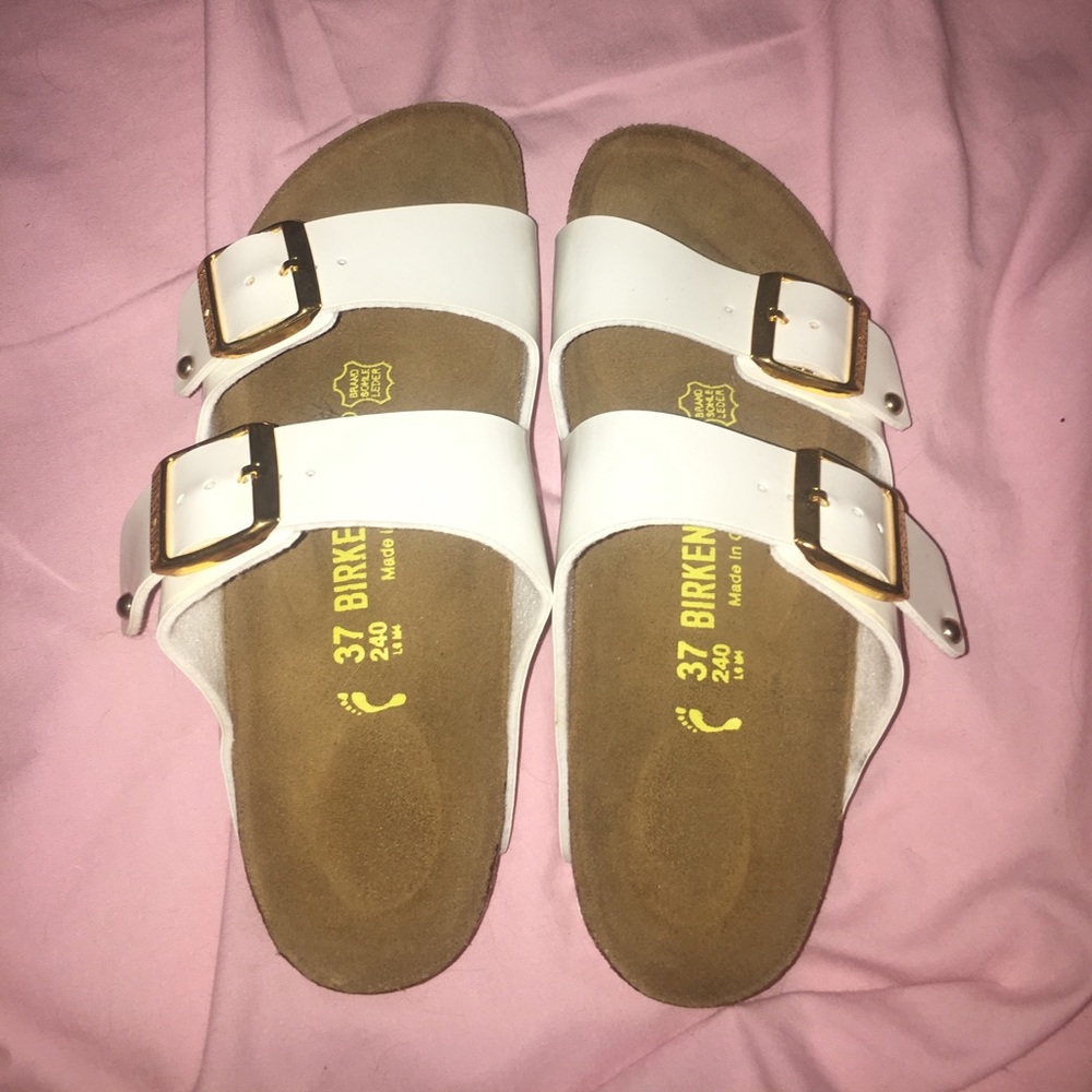 white and gold birkenstocks