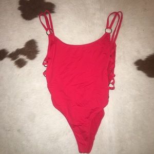 Red One Piece Swimsuit with Silver Hoops