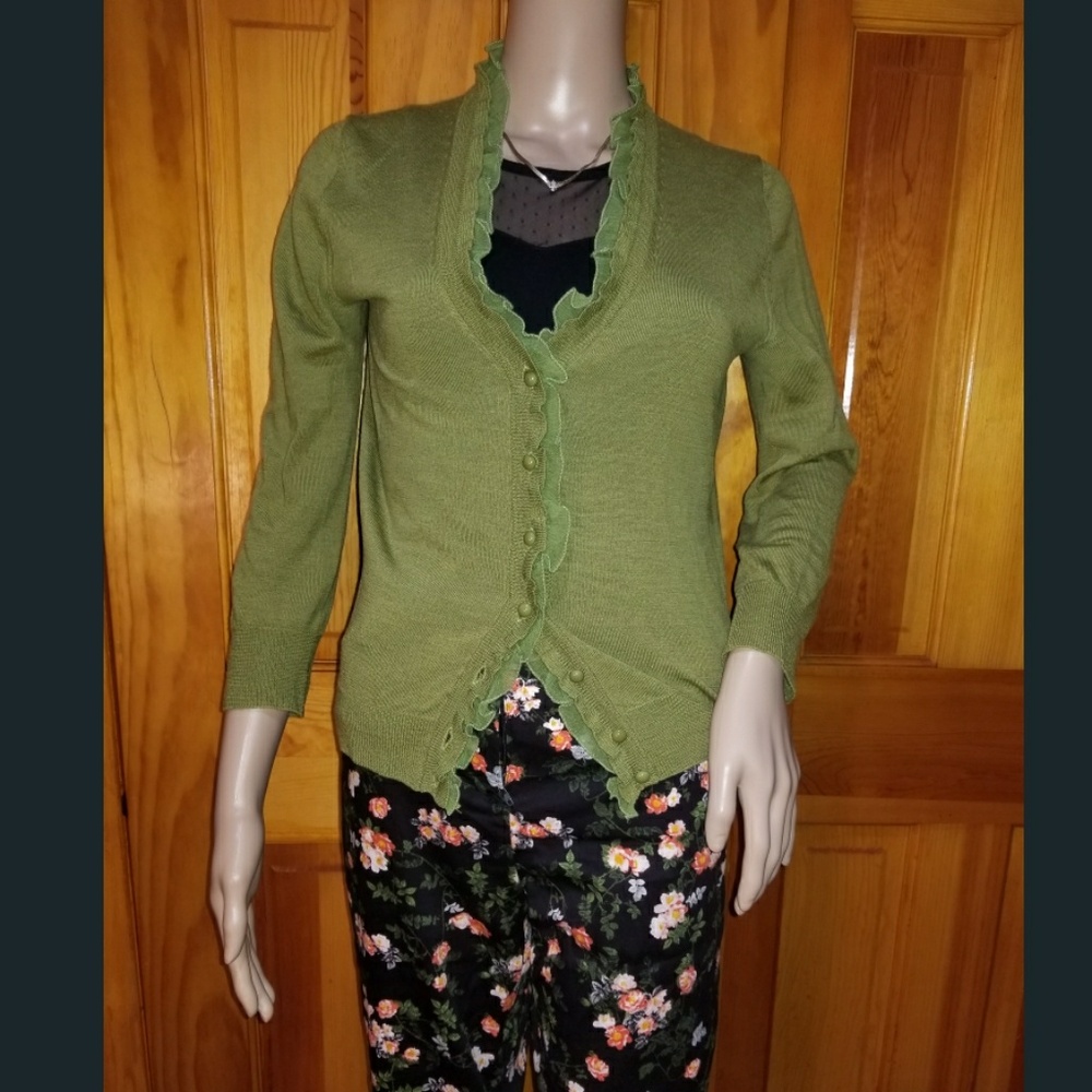 J. Crew Ethereal Olive Green Ruffle Edge Cardigan